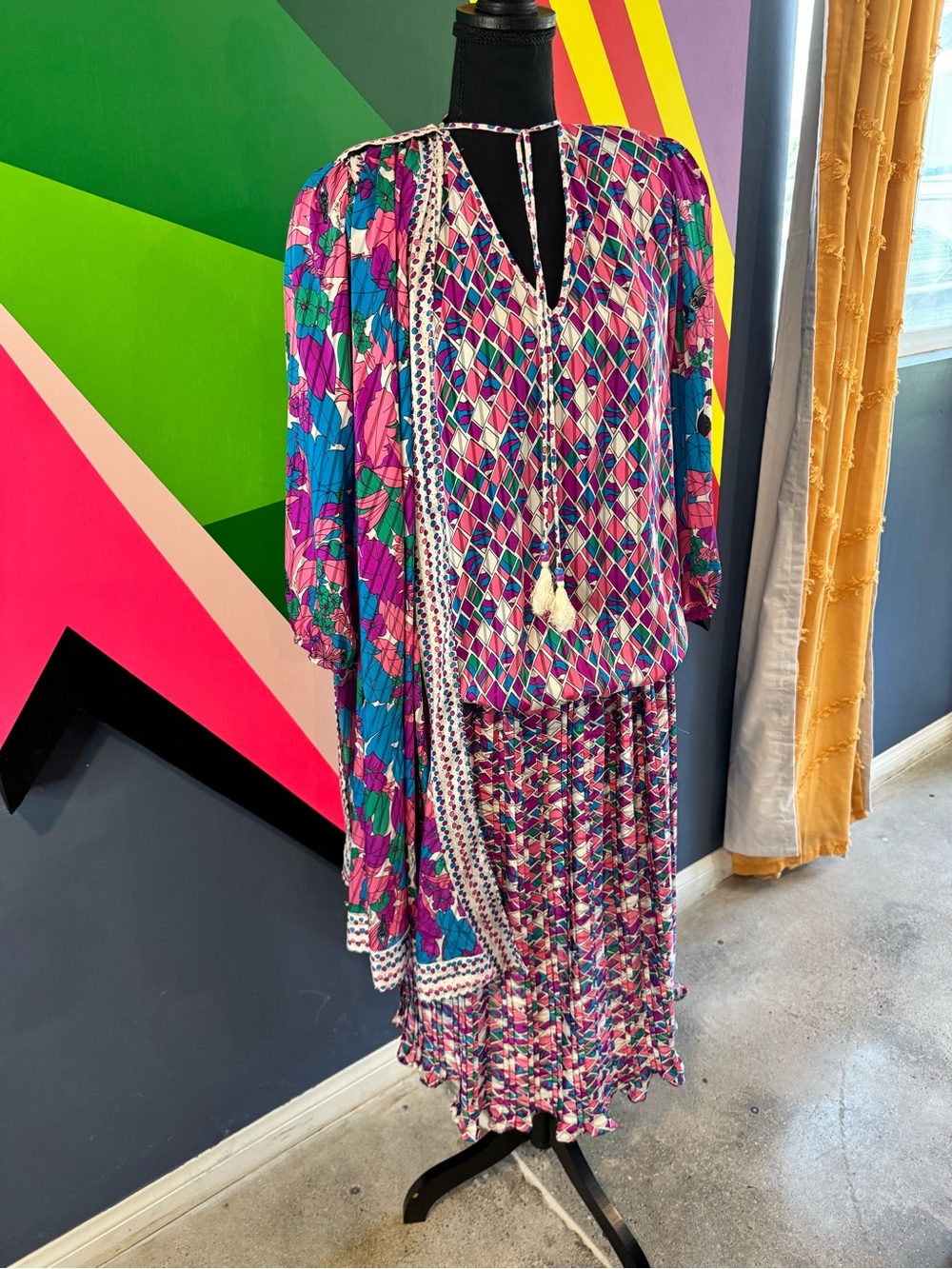 Vintage Diane Freis Mixed Geometric and Floral Print Drop Waist Scarf Dress
